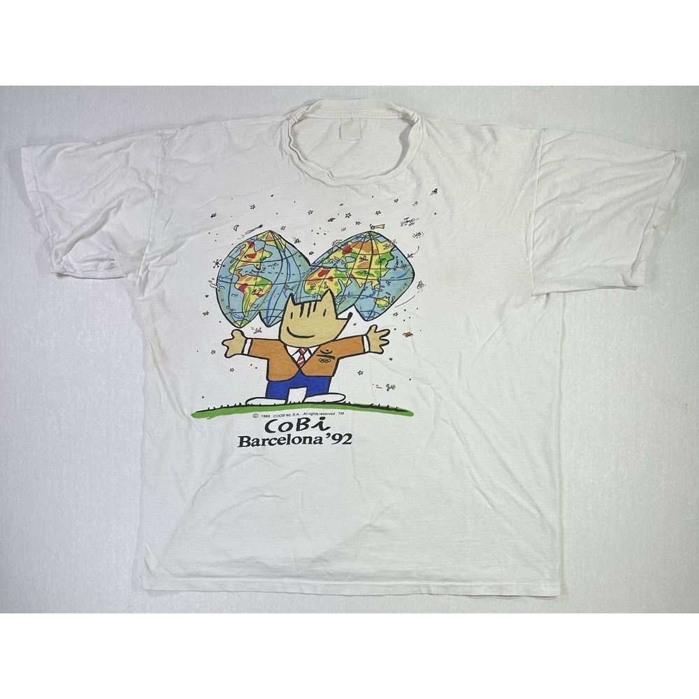 Vintage 90s Cobi Barcelona '92 Olympic Mascot T-Shirt White Graphic Tee 21x28